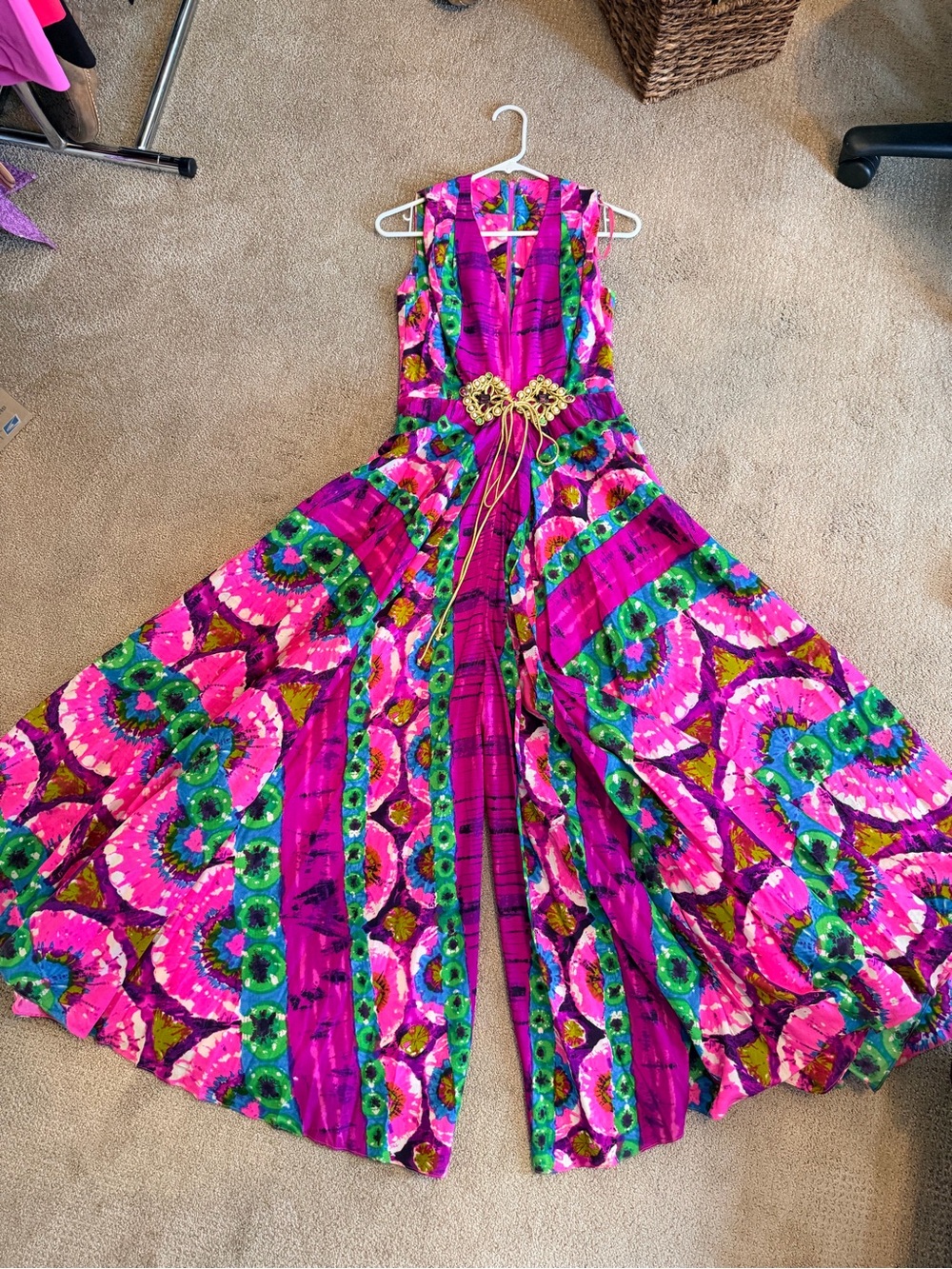 Vintage BANGER Jumpsuit with Gold Brooch at Waist - Handmade